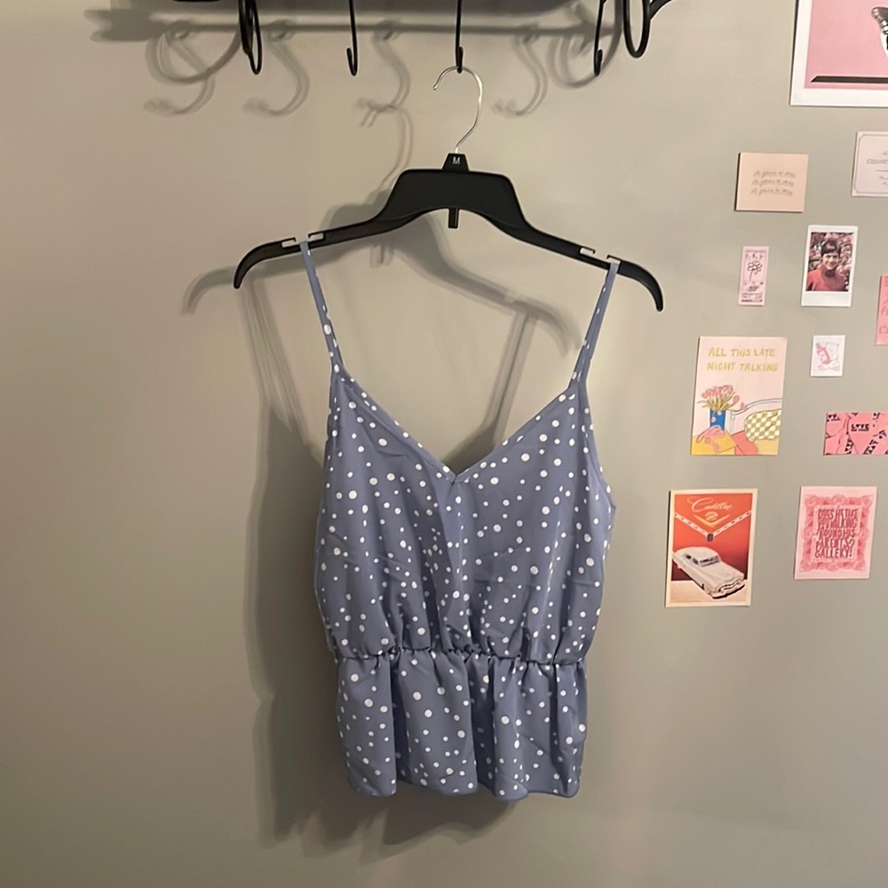 large blue and white, ruched tank top
